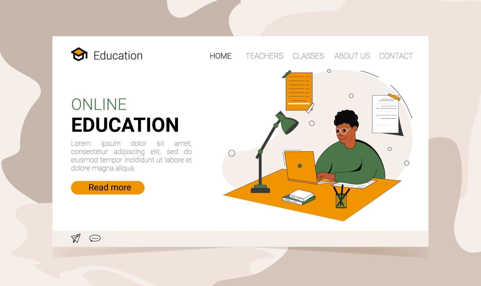 Online education landing page with a boy studying with computer. Vector illustration in flat style. The concept of online education illustration.