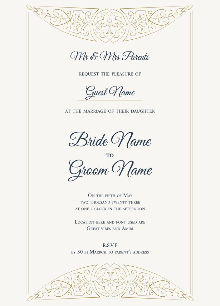 diseño de marco de filigrana minimalista de estilo clásico de invitación de boda vector