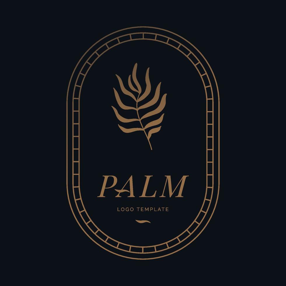 Vector logo and emblem template with golden palm leaf in frame on black background. For spa salons and cosmetics