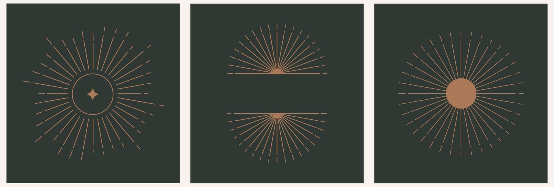 Mystic linear set template logo wich geometric sunset, arches abstract in trendy linear style on a dark background. Celestial and magical abstract print. vector