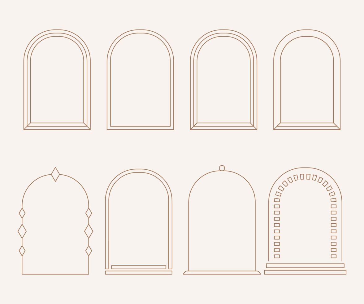 Arches and windows abstract logo set templates in trendy linear minimal style. vector