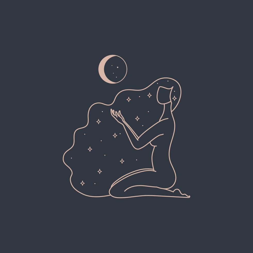 Moon girl. Feminine concept illustration, beautiful esoteric women silhouette and logo template vector