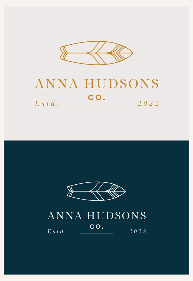 Summer logo template with surfboards in trendy linear style in golden colors - luxury and jewelry concepts for social media, accommodation rental and travel services. vector