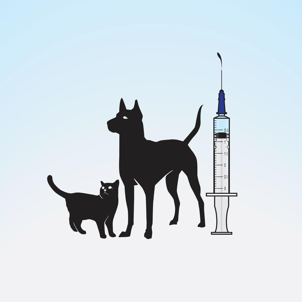 ilustración de una jeringa y un perro gato sobre un fondo de gradación azul claro vector