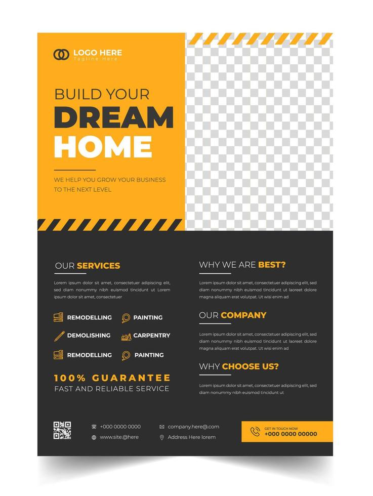 plantilla de volante de negocios de construcción con color amarillo, diseño de volante de herramientas de construcción corporativa, plantilla de volante de mejoras para el hogar, volante de reparación del hogar. vector