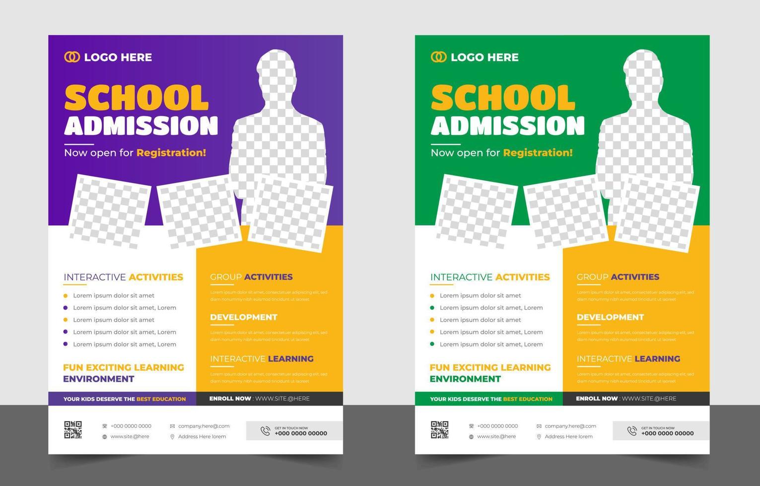 School admission flyer design. back to school flyer design set. Back to school admission promotion flyer. school admission business flyer template with green, purple and yellow color. vector