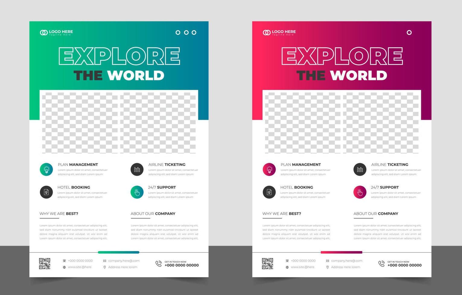 Tour and Travel flyer. tour and travel flyer design Template with green and red color.  Flyer design for Tour and Travel Business concept. travel the world flyer with unique shape. vector