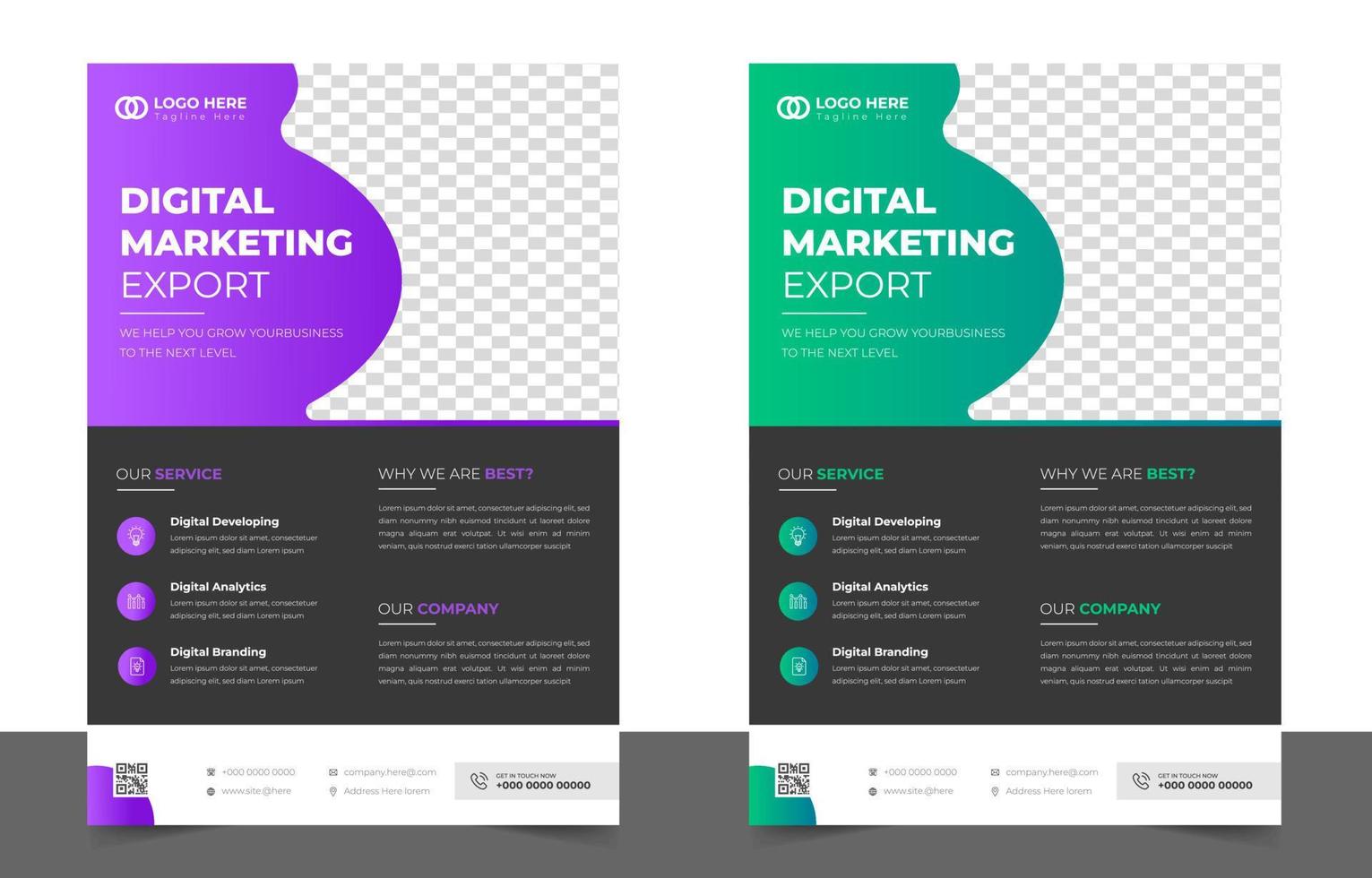 Corporate business flyer template design set with purple and Green color. digital marketing agency flyer, business marketing flyer set, grow your business digital marketing new flyer. vector