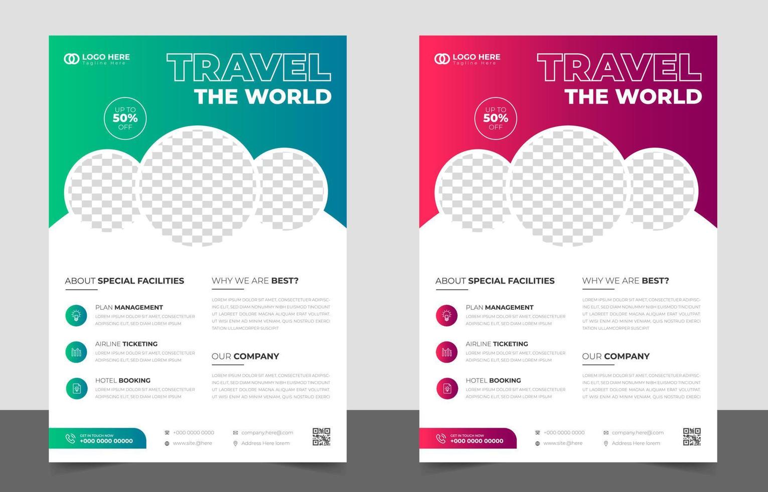 Folleto de gira y viaje. plantilla de diseño de volante de gira y viaje con color verde y rojo. diseño de volante para el concepto de negocio de viajes y viajes. viaja por el volante mundial con una forma única. vector