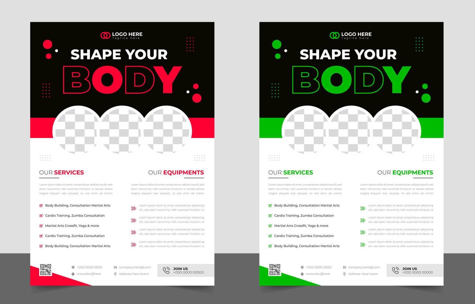 Fitness gym flyer template with black, red and green color, gym, Workout, fitness and Sports flyer. fitness gym business flyer design with unique shape. vector