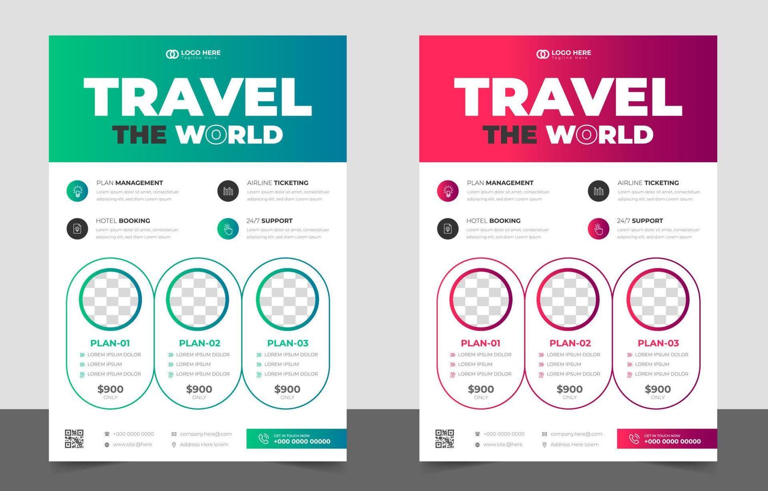 Folleto de gira y viaje. plantilla de diseño de volante de gira y viaje con color verde y rojo. diseño de volante para el concepto de negocio de viajes y viajes. viaja por el volante mundial con una forma única. vector