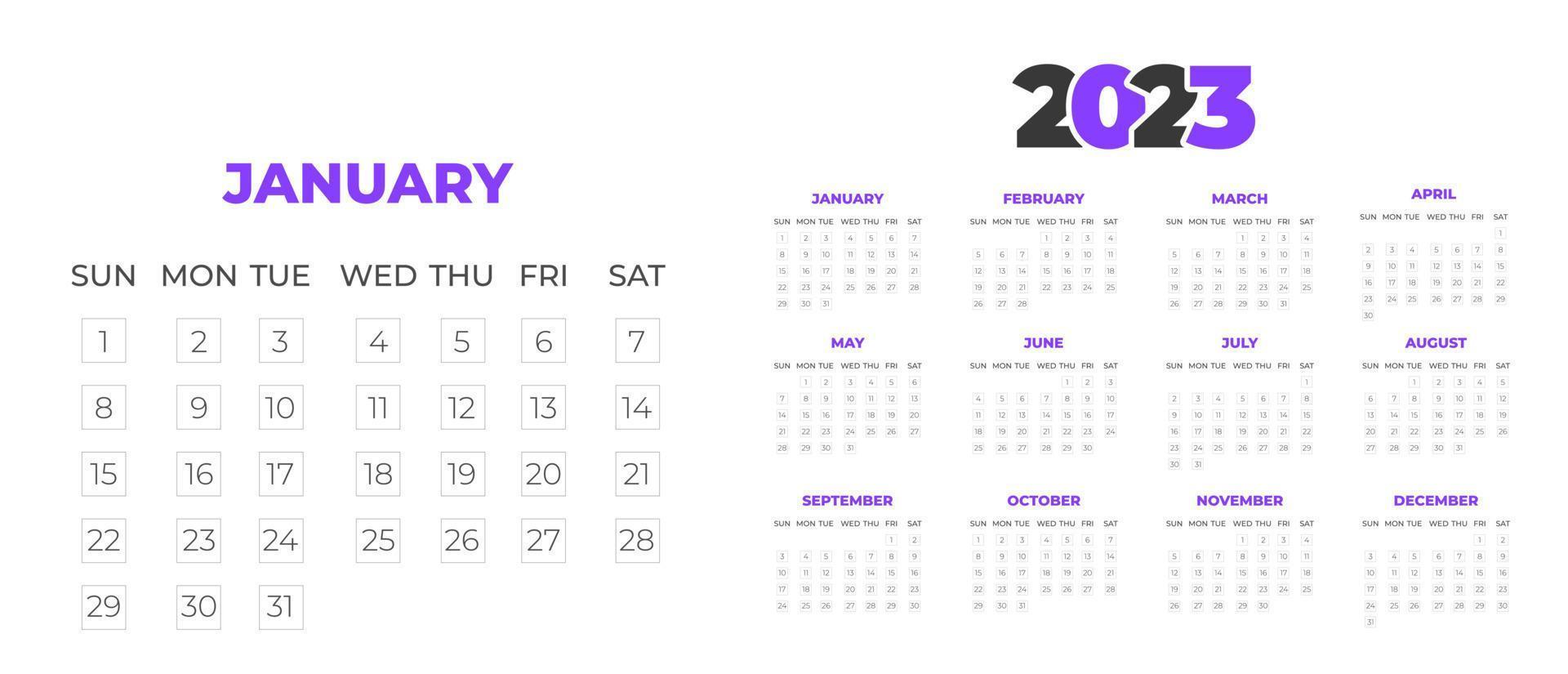 Plantilla de diseño de calendario de pared 2023 con color púrpura vector