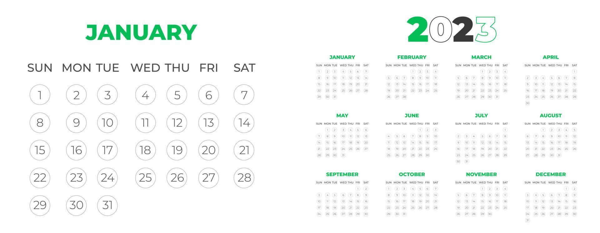 2023 wall calendar design template  with green color vector