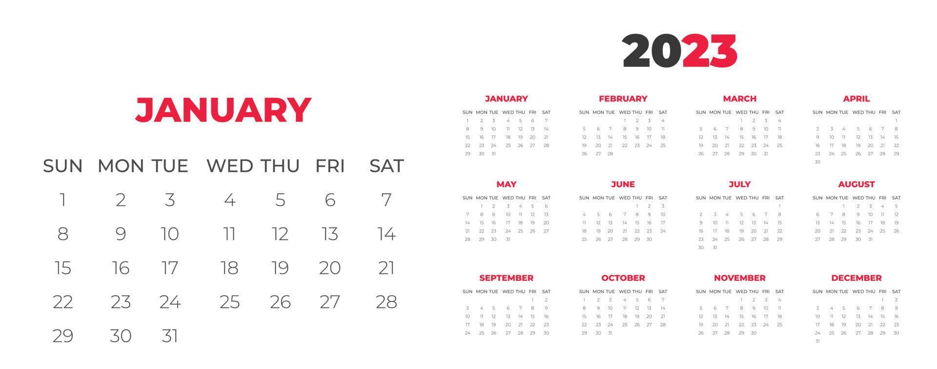 2023 wall calendar design template  with red color vector