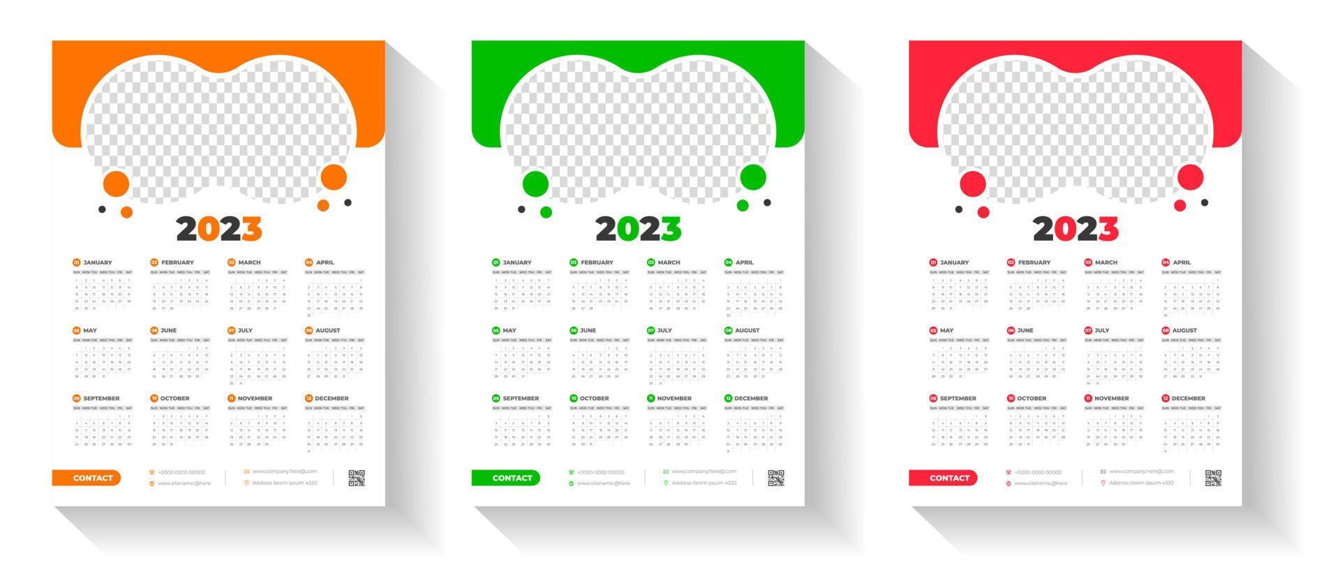 2023 wall calendar design template  with red, green and orange color vector