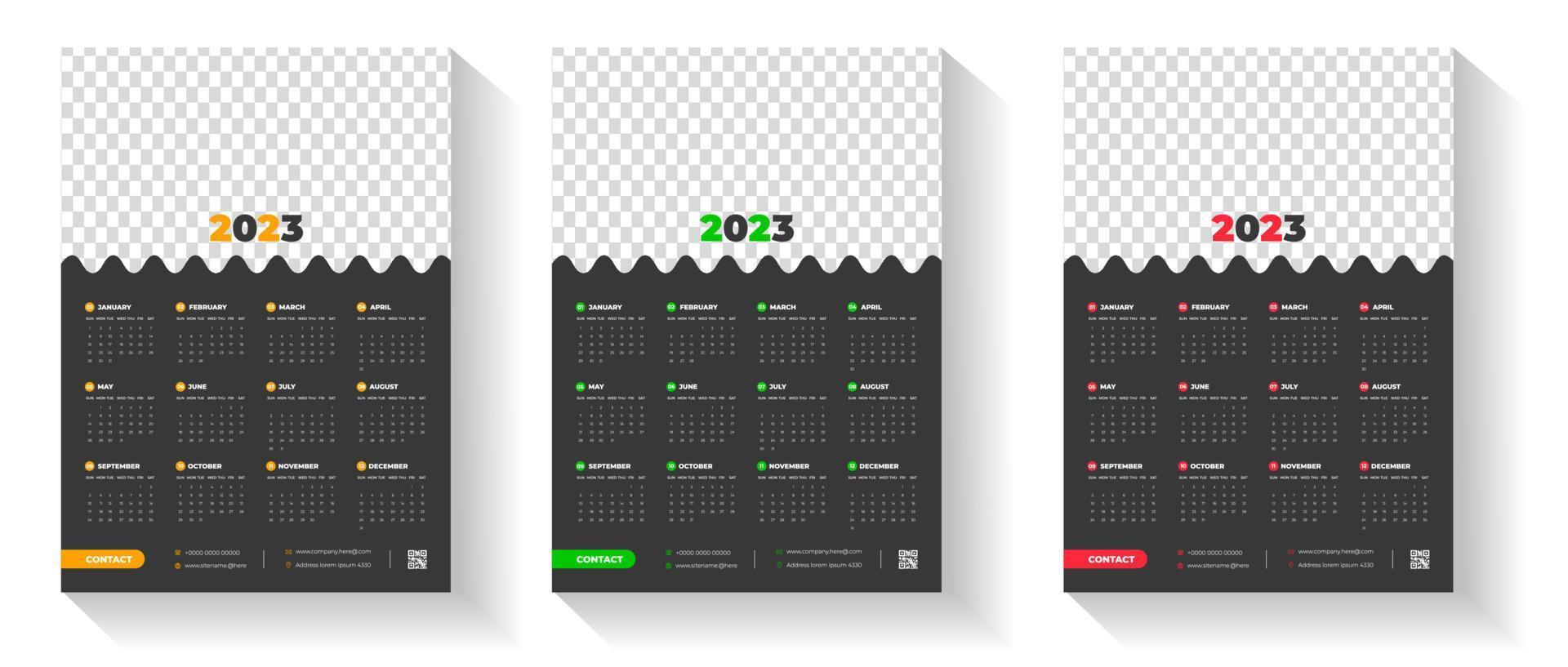 Plantilla de diseño de calendario de pared 2023 con color rojo, verde y naranja vector