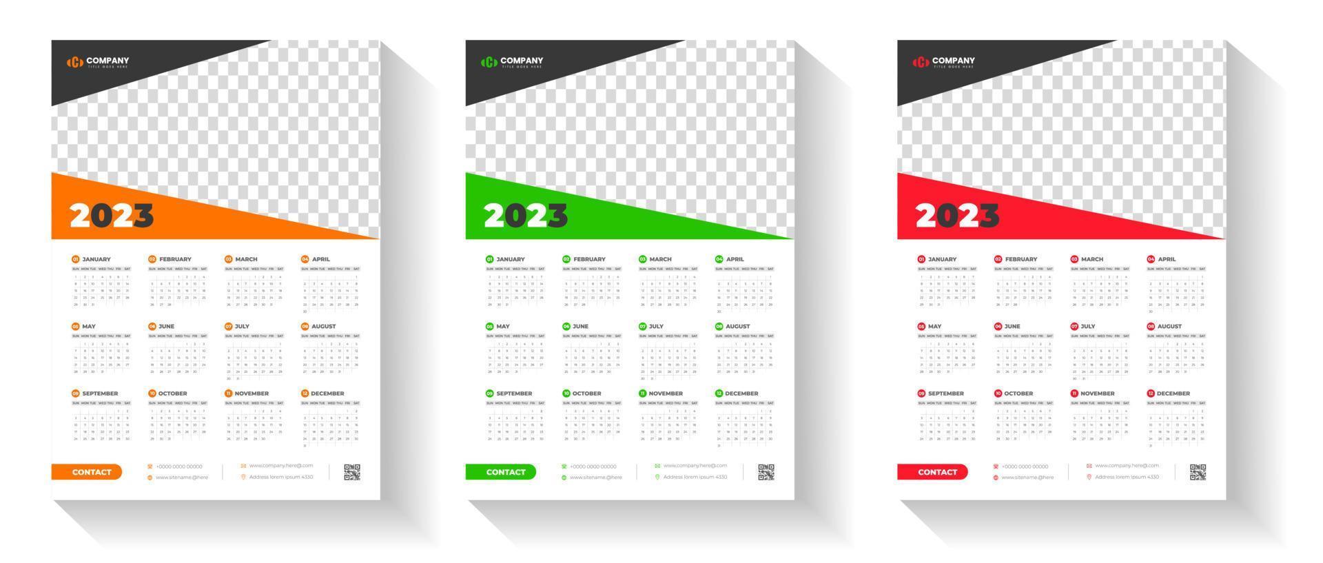 Plantilla de diseño de calendario de pared 2023 con color rojo, verde y naranja vector