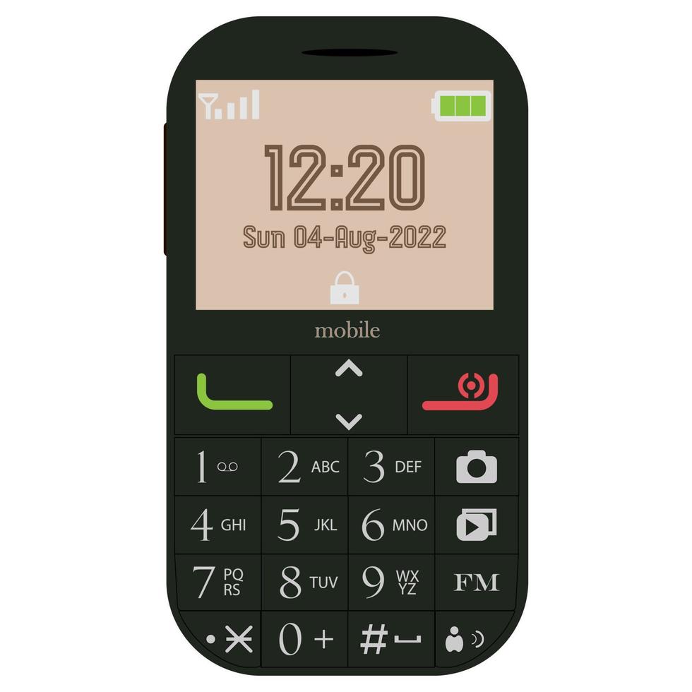 A mobile phone with big buttons. Vector illustration. Black retro phone with large buttons and the screen turned on.