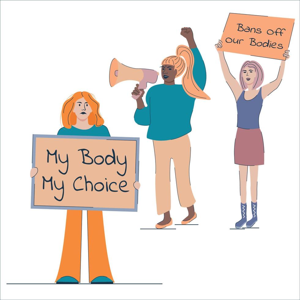 Protest Group of human three Women holding banner and megaphone vector