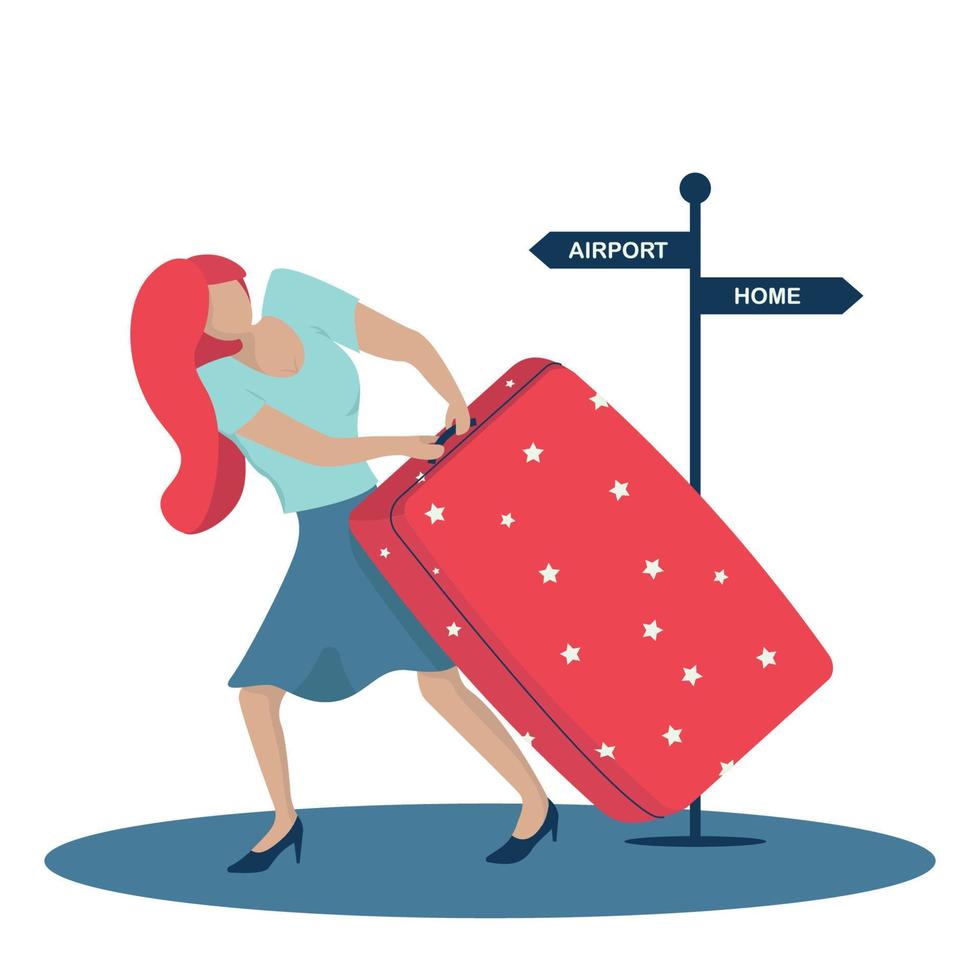 Young woman carrying heavy suitcase 9332029 Vector Art at Vecteezy
