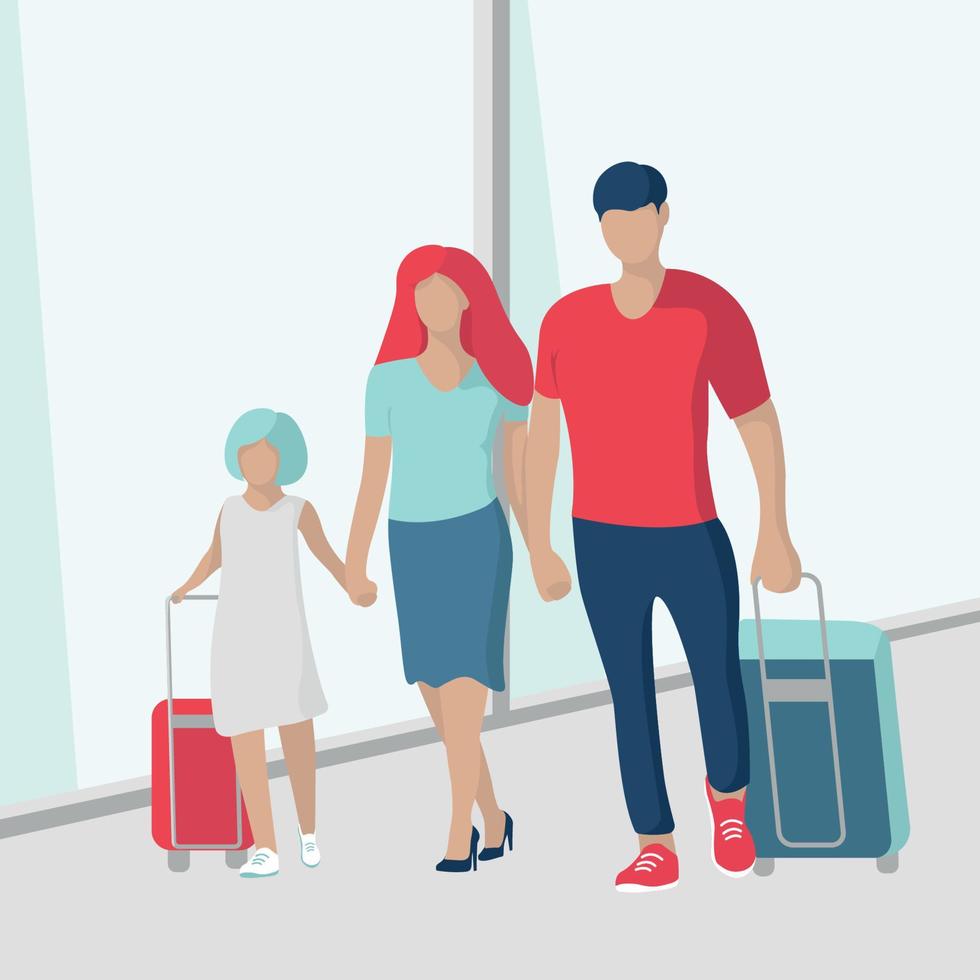 Young man, woman and daughter going to the airplane vector