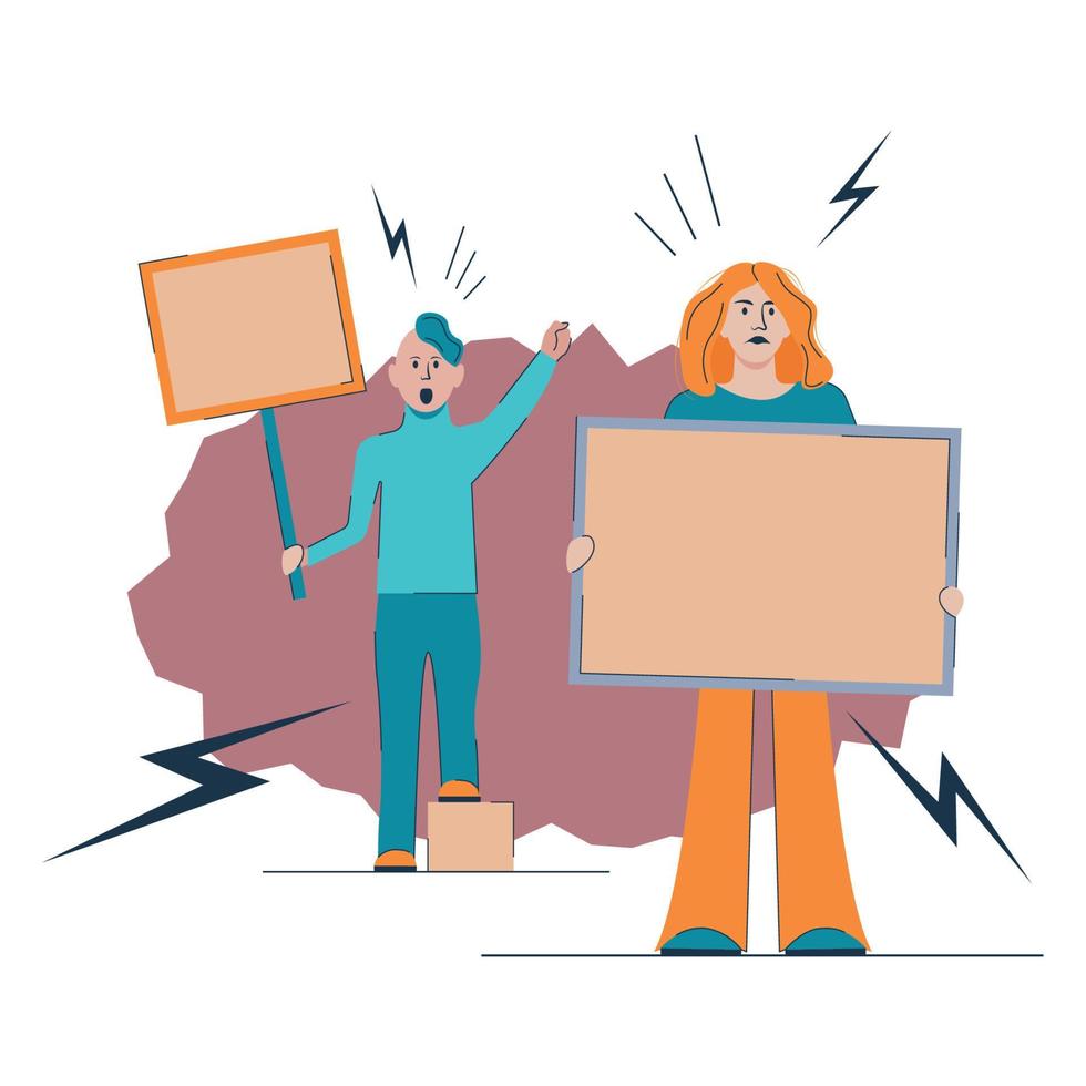 Protest Woman and man Holding banners with lightinings around vector