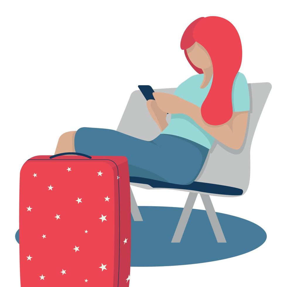 Young woman waiting airplane train in waiting room vector