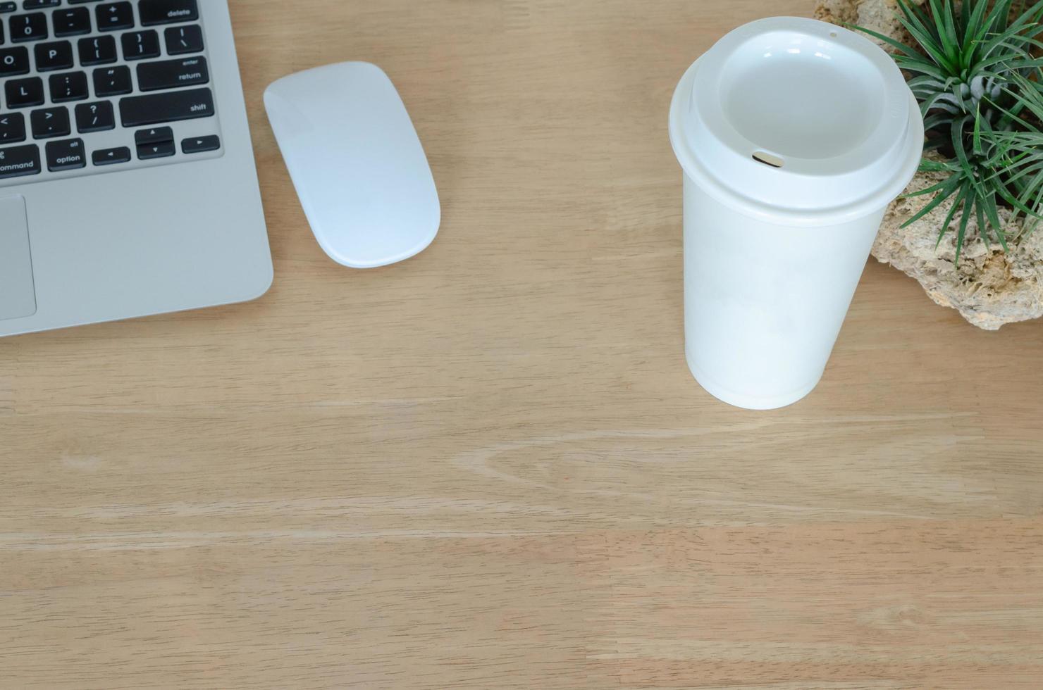 Wooden desk in office with laptop computer, white mouse, coffee tumbler and Tillandsia airplant decorate on the desk. photo