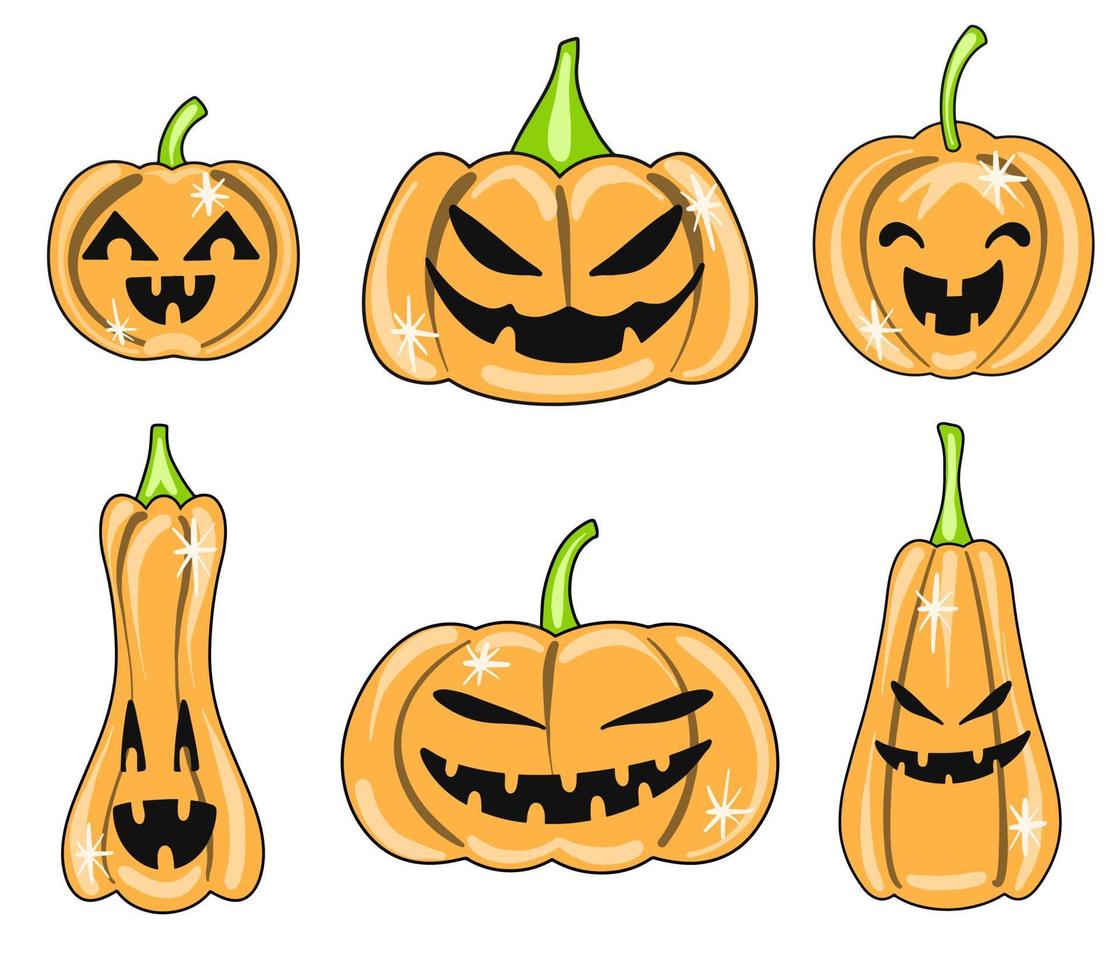 conjunto de lindas calabazas de halloween con caras de miedo. pegatinas de octubre en estilo de dibujos animados. vector