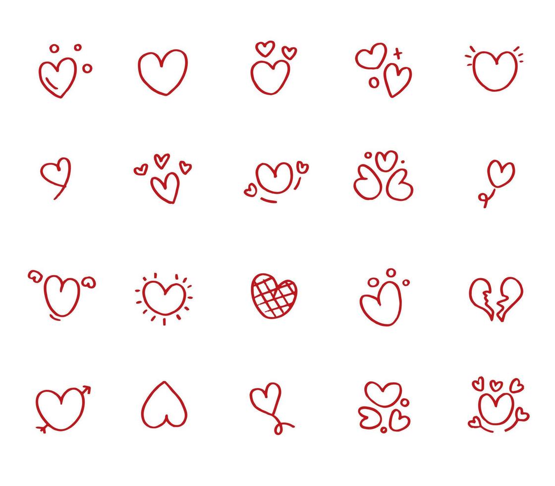 Set of red hand drawn heart shaped icons. Collection of vector valentines, love.