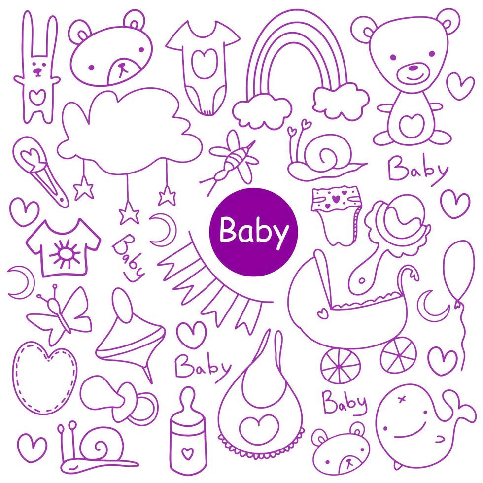 boceto dibujado a mano doodle conjunto de dibujos animados de objetos y símbolos sobre el tema del bebé. vector