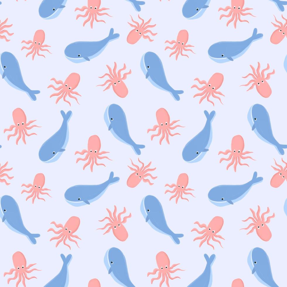 Underwater seamless pattern for kids with whale and octopus. vector