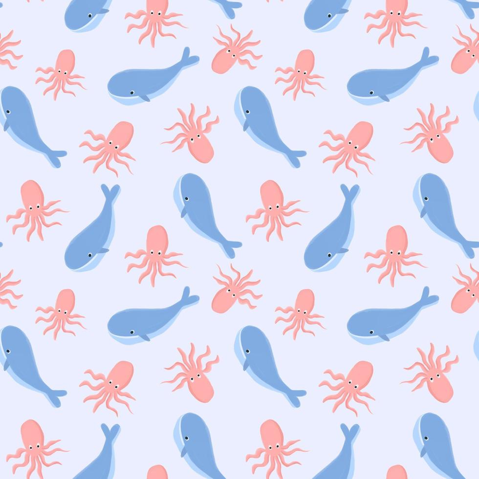 Underwater seamless pattern for kids with whale and octopus. vector