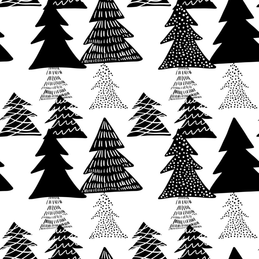 Seamless pattern black and white fir-tree hand draw design on white background vector