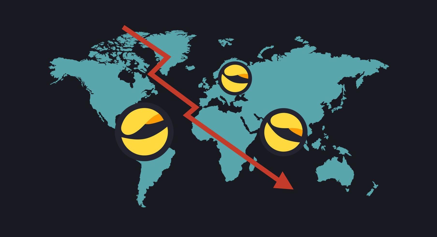 Digital currency crisis in the world. Vector stock illustration. Flat style. Earth map. Black background. Blockchain.