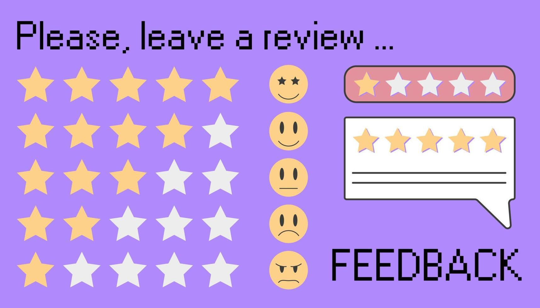 Leave a review with five stars. Feedback bubble with rate. User experience ranking or opinion survay to mark the progress vector