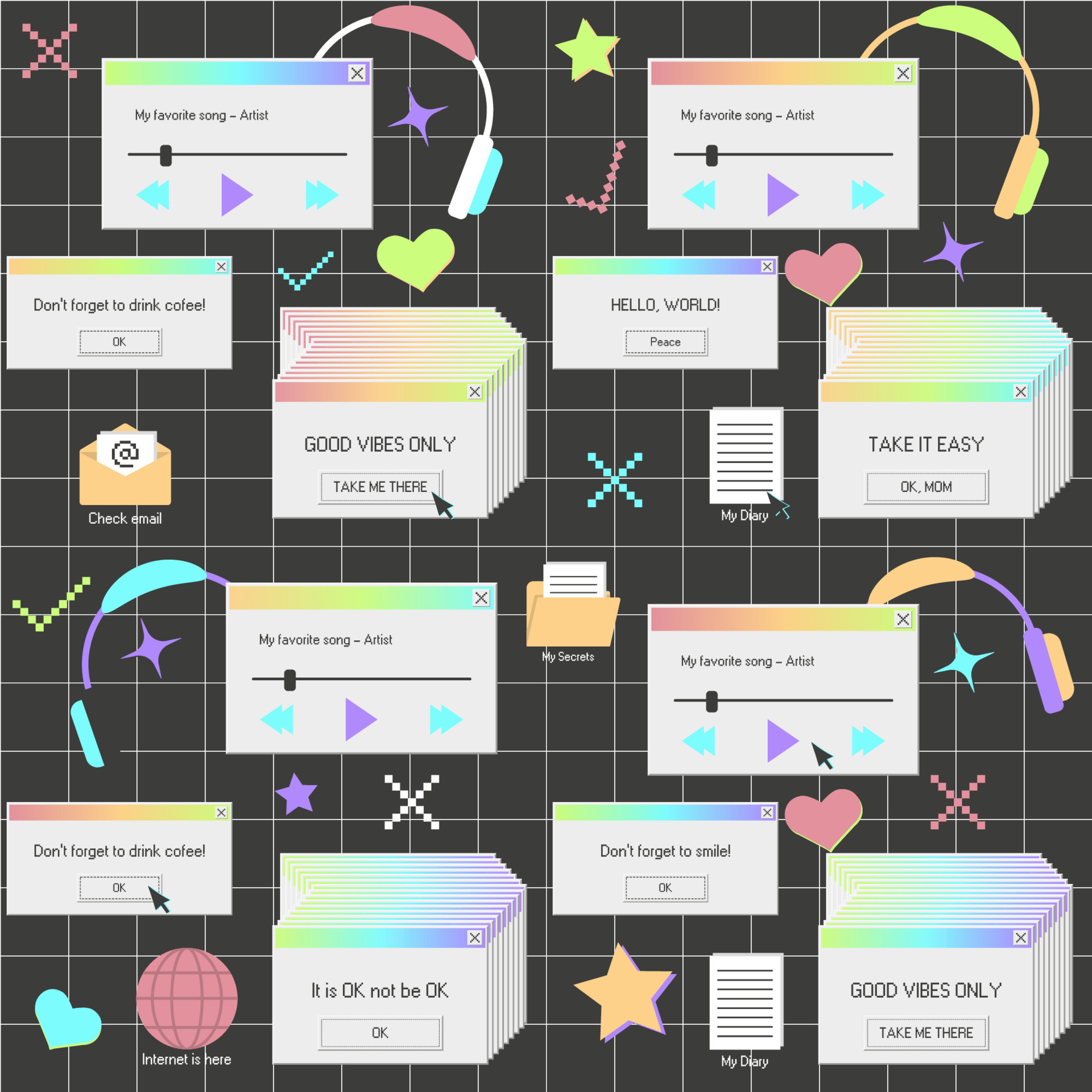 Old PC seamless pattern. Good vibes window notification, hello world alert and other software game elements. Technology background. Repeat tile for geek projects. Vaporwave wallpaper from 90s 9333642 Vector Art at Vecteezy Old PC seamless pattern. Good vibes window notification, hello world alert and other software game elements. Technology background. Repeat tile for geek projects. Vaporwave wallpaper from 90s 9333642 Vector Art at Vecteezy