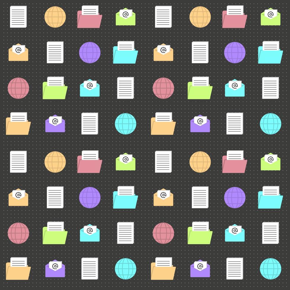 Old PC seamless pattern with text and email icons. Software game geek elements. Technology background. Repeat tile for aged projects. Vaporwave wallpaper from 90s vector