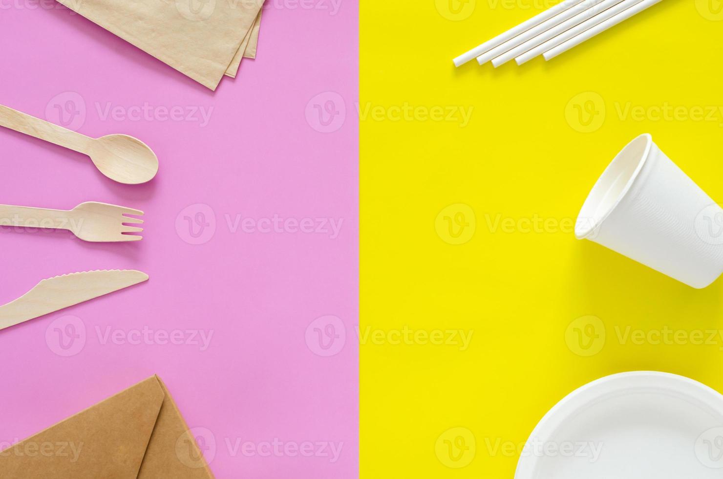 Disposable, compostable and recycle packgages on yellow and pink background. Zero waste and world environment day concept. photo