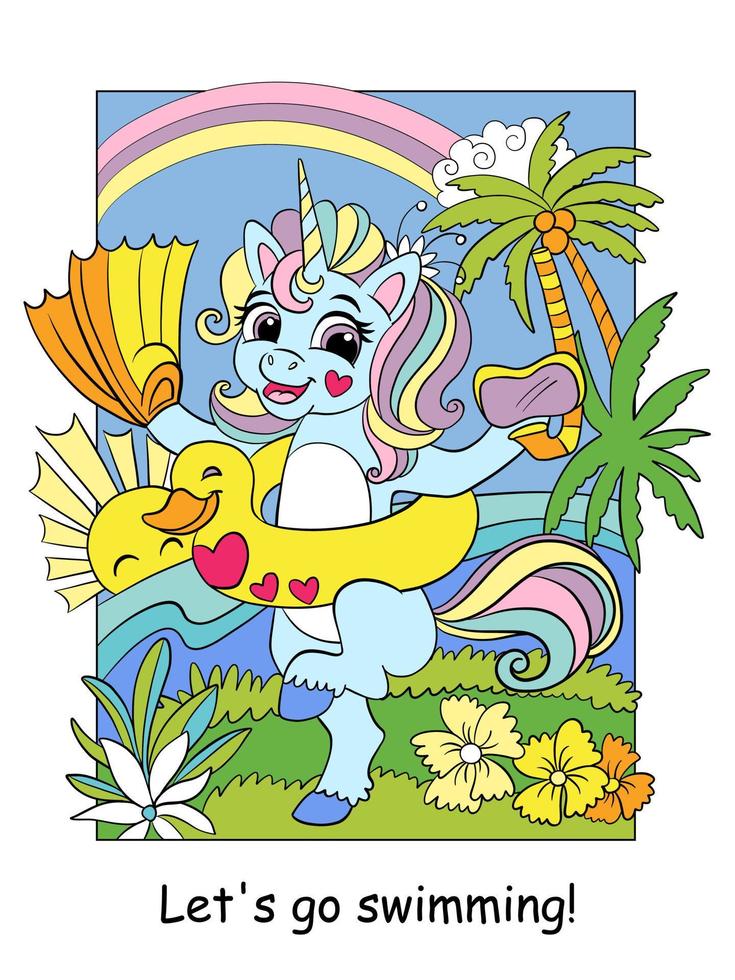 lindo unicornio en un círculo inflable con ilustración de color de aletas vector