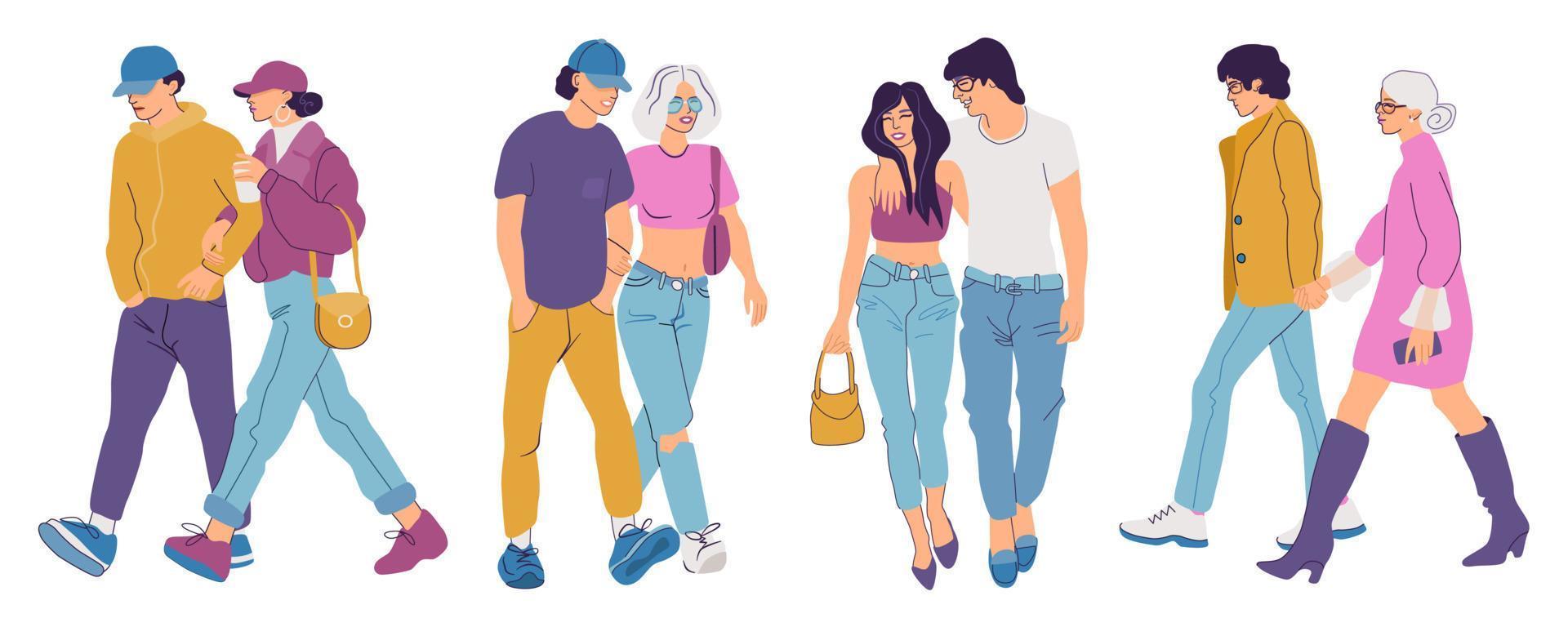 un conjunto de parejas que caminan. gente en citas casuales. hombres y mujeres paseando por la ciudad. colorida colección de personajes aislados sobre fondo blanco. vector