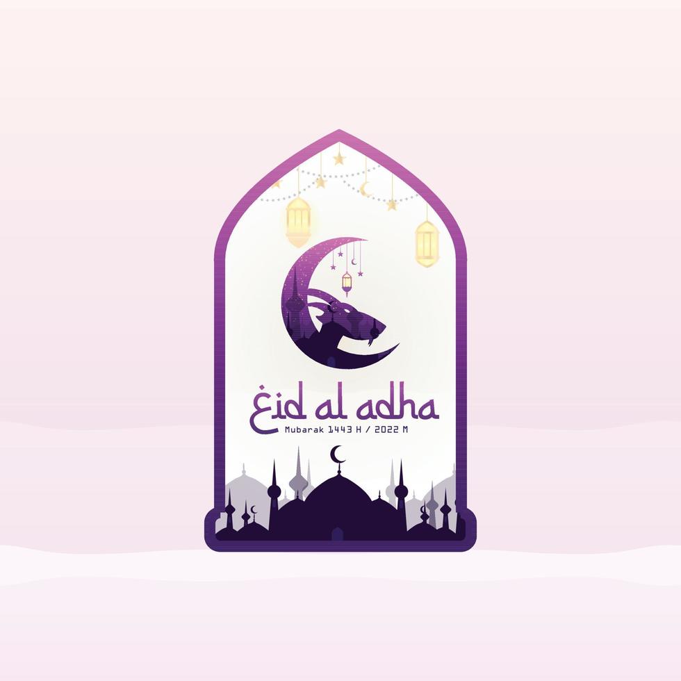 eid al-adha con cabeza de cabra, marco islámico, mezquita, estrellas lunares y farolillos. adecuado para pancartas, carteles, folletos, conjunto de plantillas de folletos de ventas vector