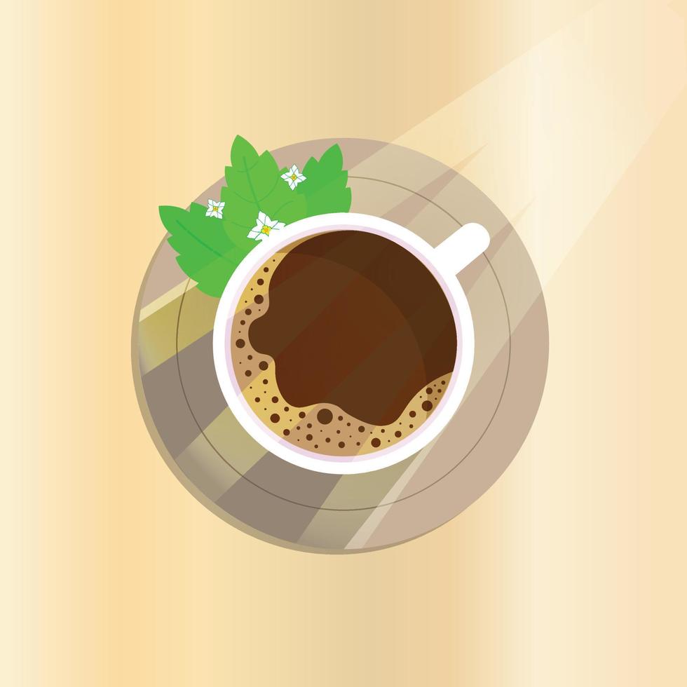 café caliente por la mañana acompañado de hojas de menta y flores con un poco de azúcar vector