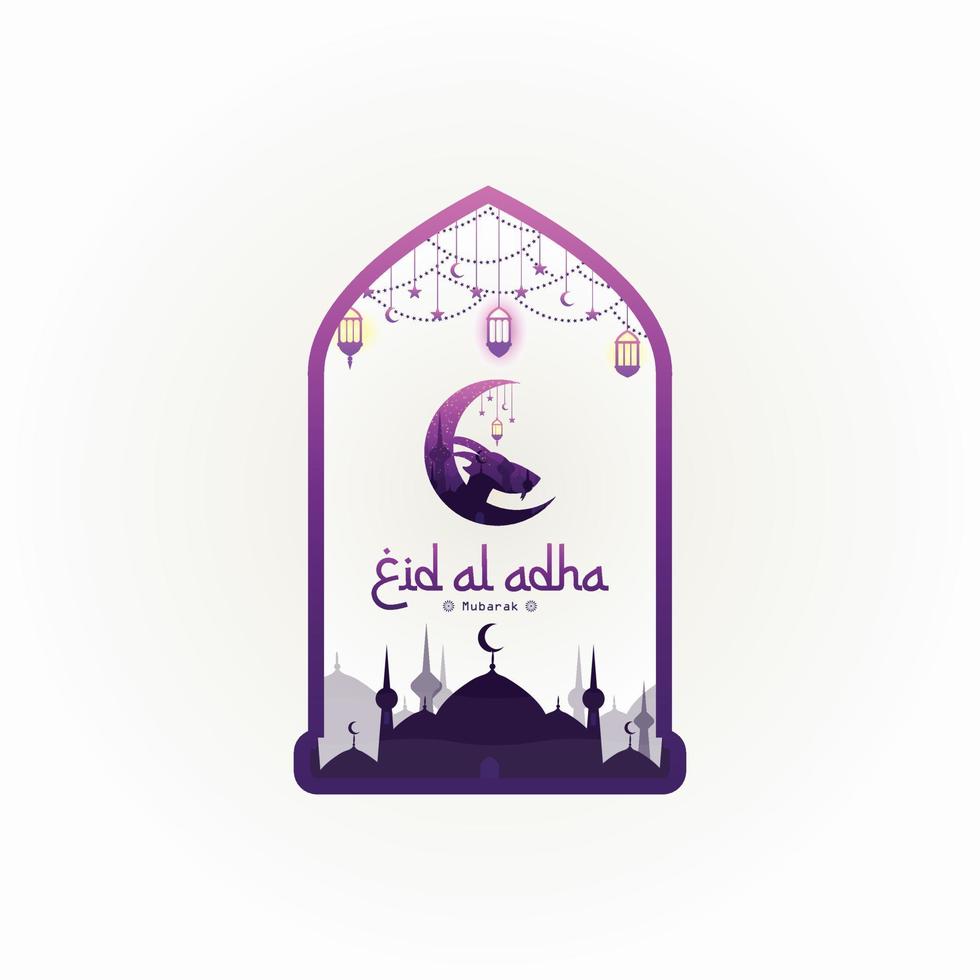 eid al-adha con cabeza de cabra, marco islámico, mezquita, estrellas lunares y farolillos. adecuado para pancartas, carteles, folletos, conjunto de plantillas de folletos de ventas vector