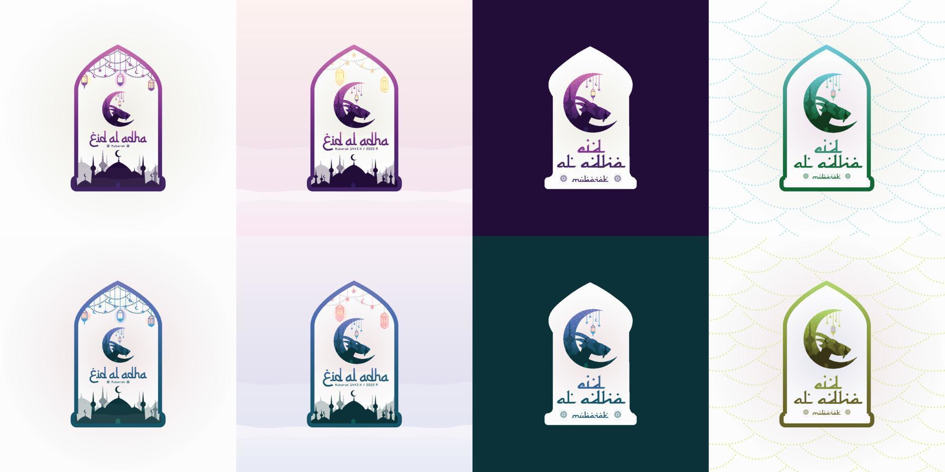 eid al-adha con cabeza de cabra, marco islámico, mezquita, estrellas lunares y farolillos. adecuado para pancartas, carteles, folletos, conjunto de plantillas de folletos de ventas vector