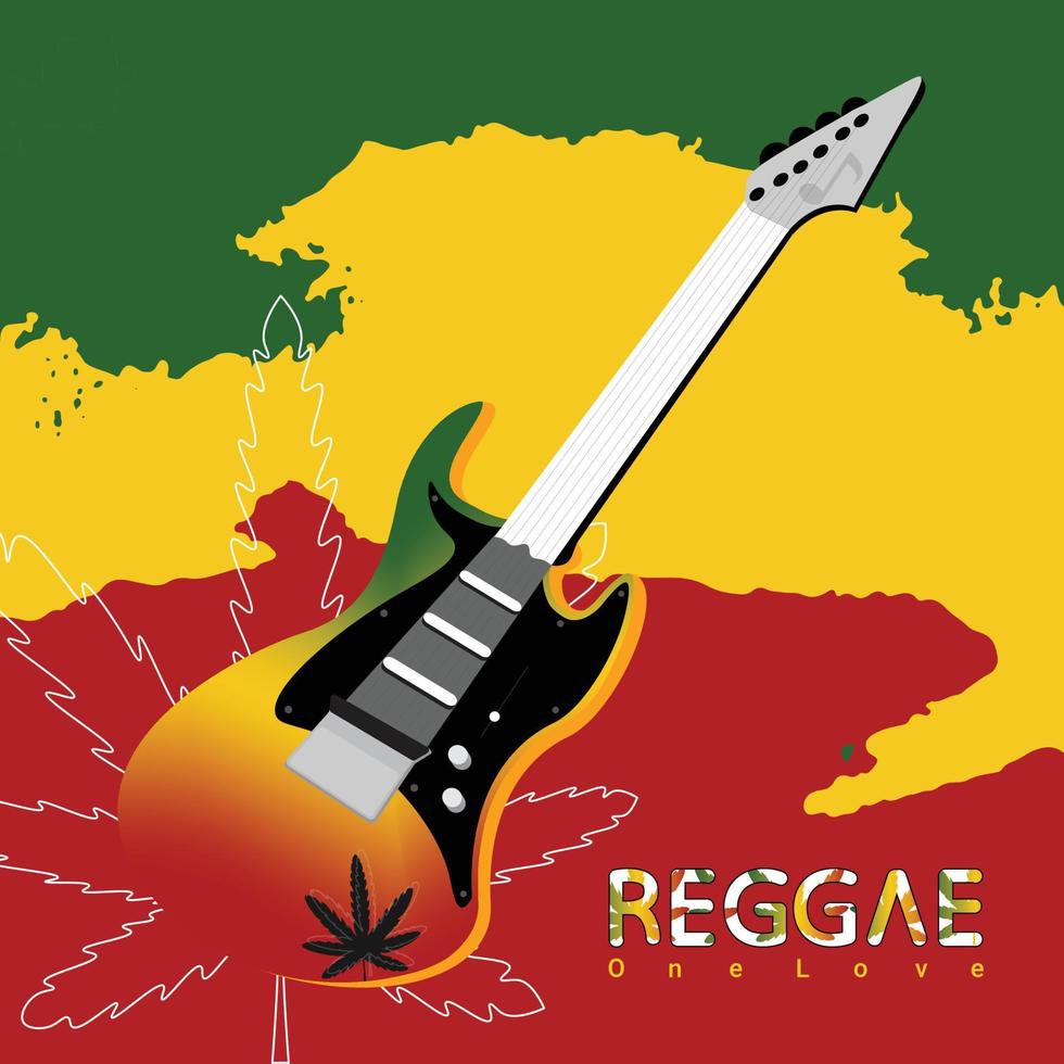 Jamaican gradient electric guitar with marijuana outline, reggae background and one love reggae vector