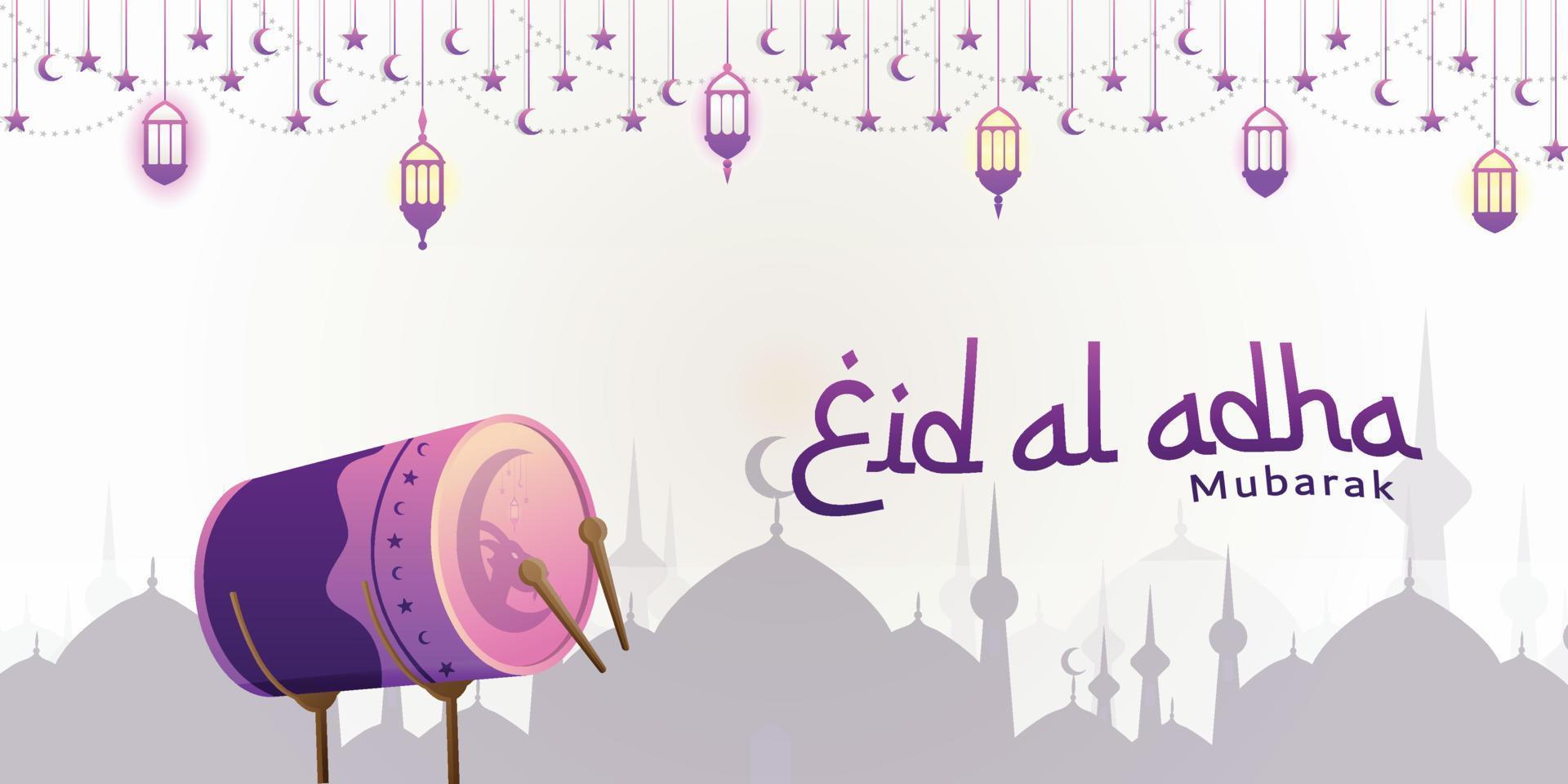 Eid al adha islamic decoration background with sheep bedug drum, lantern, ramadan kareem, mawlid, eid al fitr, muharram vector