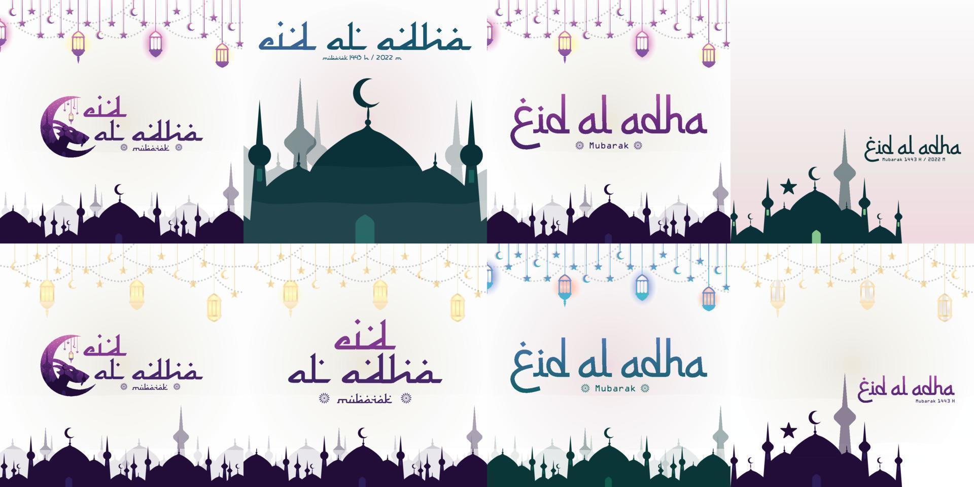 eid al-adha con cabeza de cabra, mezquita, estrellas lunares y farolillos. adecuado para pancartas, carteles, folletos, conjunto de plantillas de folletos de ventas vector