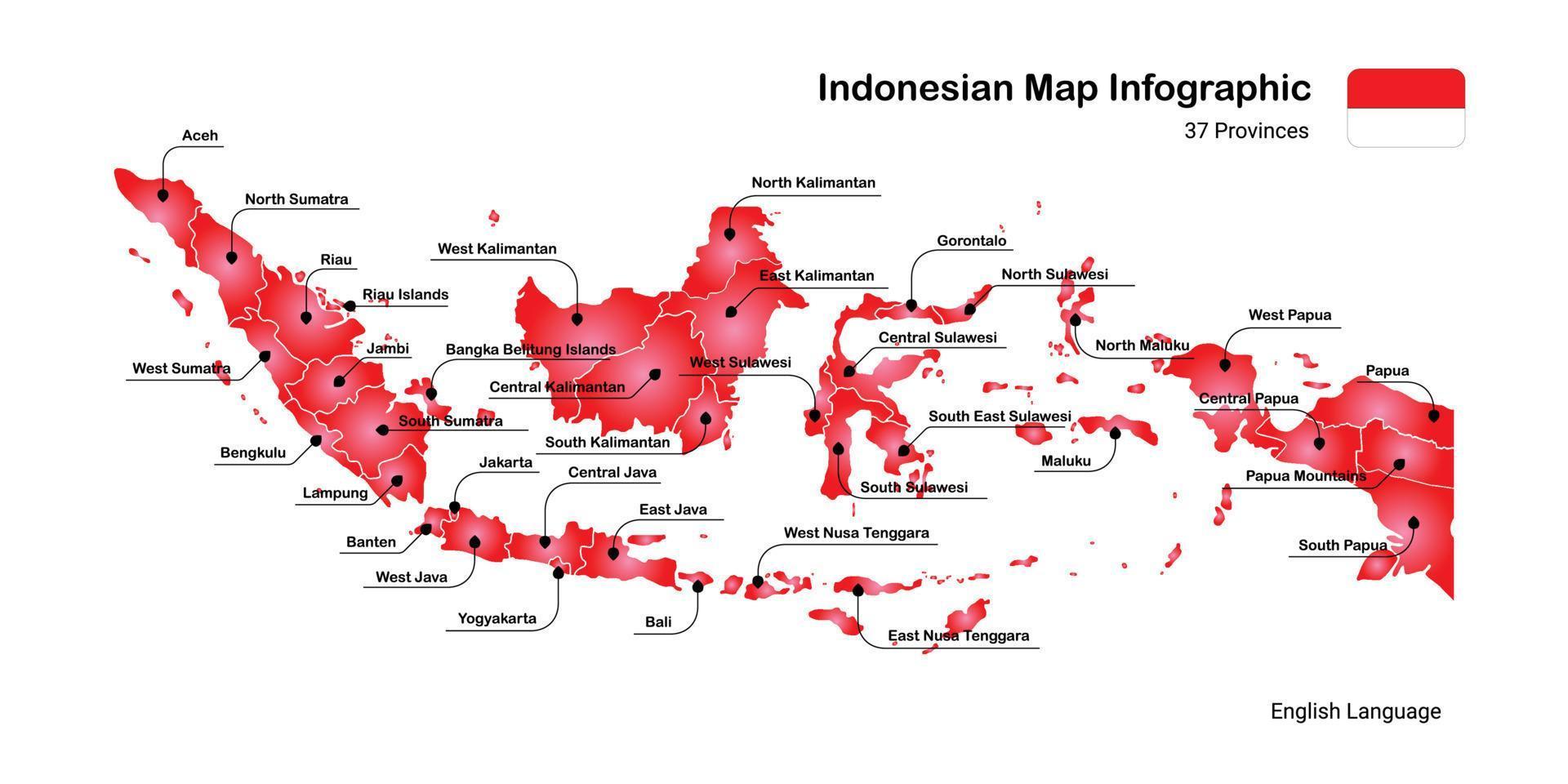 nuevo mapa indonesio 37 provincias, mapa infográfico, idioma inglés vector