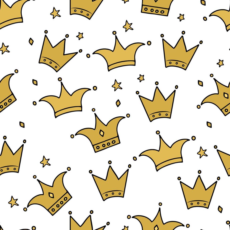 Hand drawn gold crown and stars seamless pattern. Little princess, luxury and glamour theme vector background. Easy to edit template for fabric, textile, wrapping paper, etc
